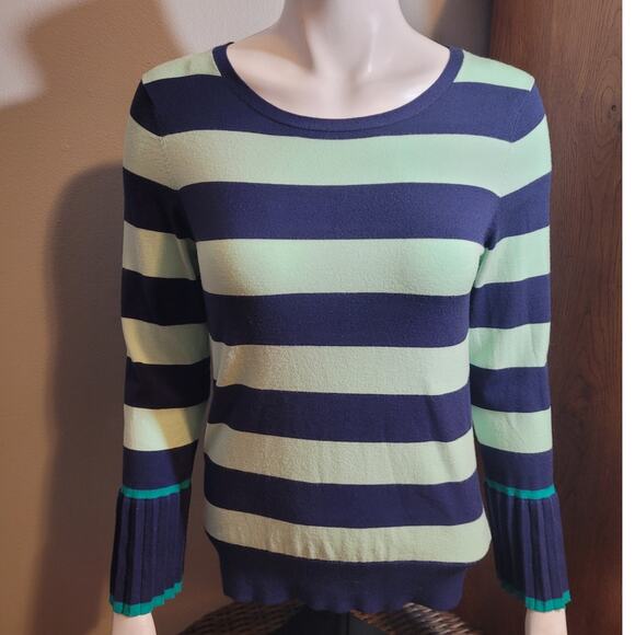 Talbots Blue Aqua Striped Pleated Sleeve Blouse - Small Indie Minimalist Preppy - Picture 3 of 9